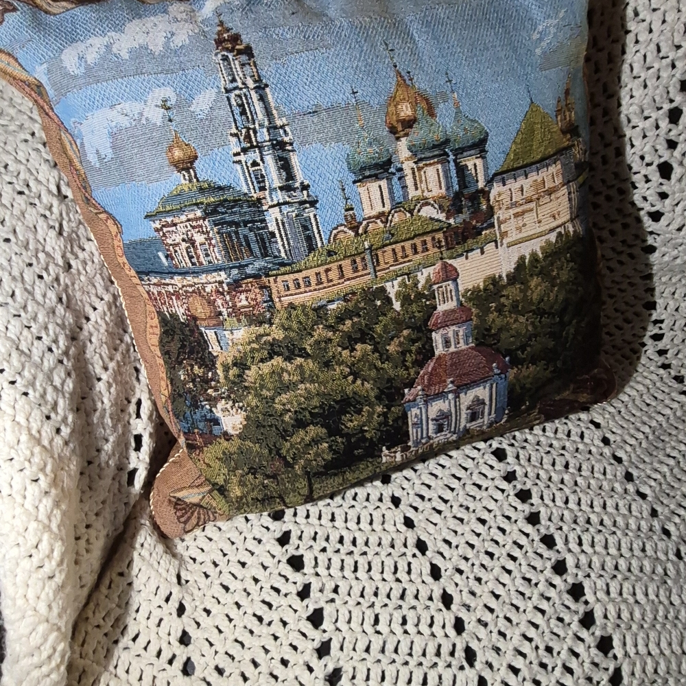 Vintage Russian Ship "Famous Trinity Sergius Lavra" Scenic Tapestry Throw Pillow
